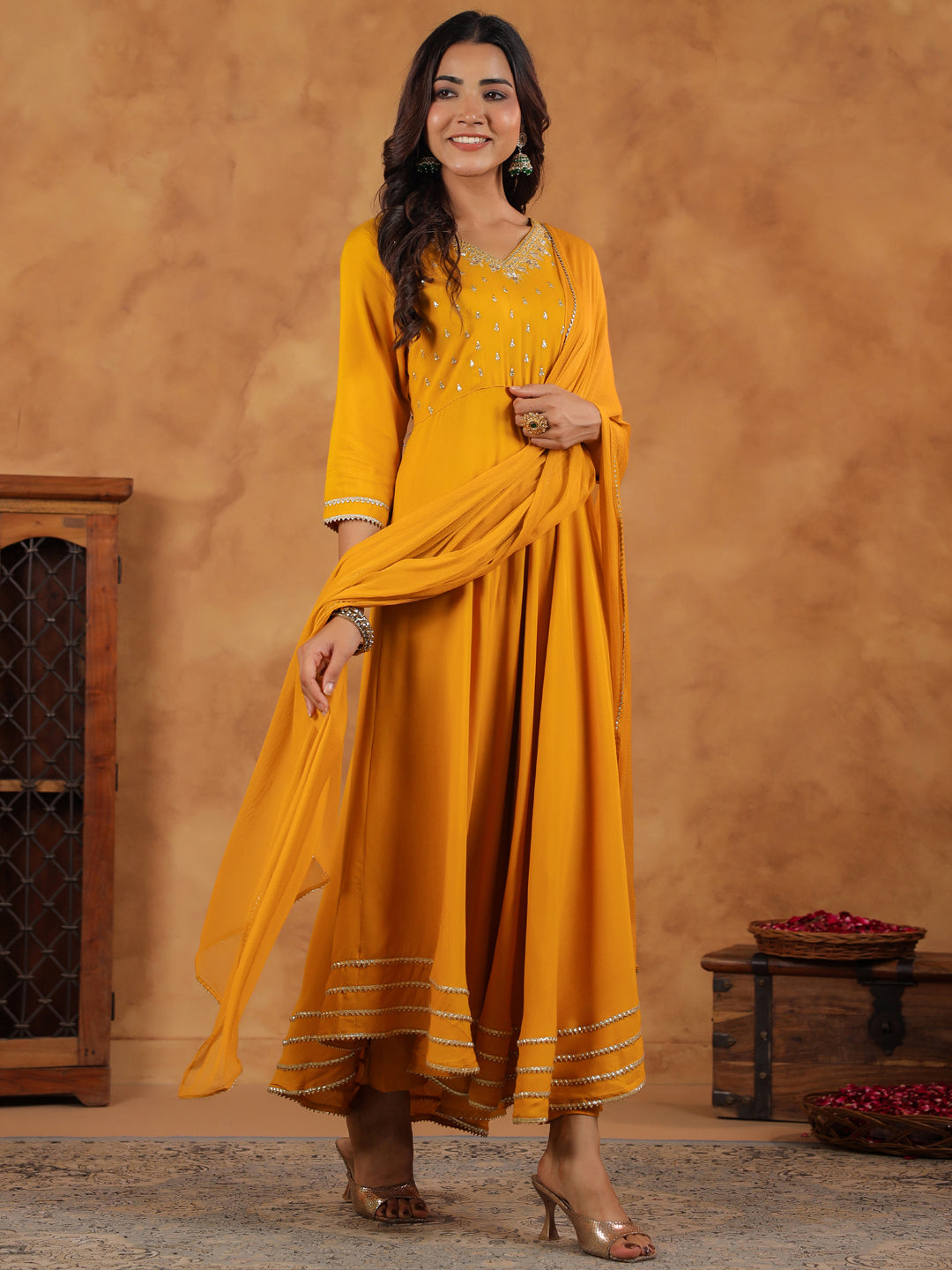 Janasya Bright Rayon Embroidered Anarkali Kurta Set 