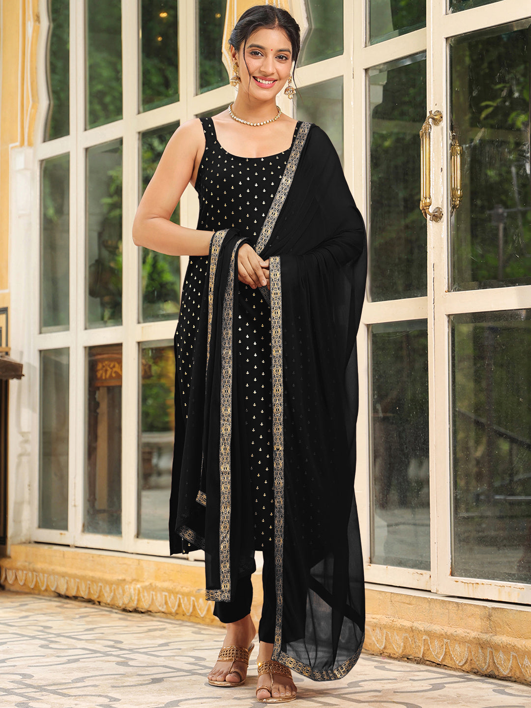 Janasya Dark Rayon Foil Print Straight Kurta Set 