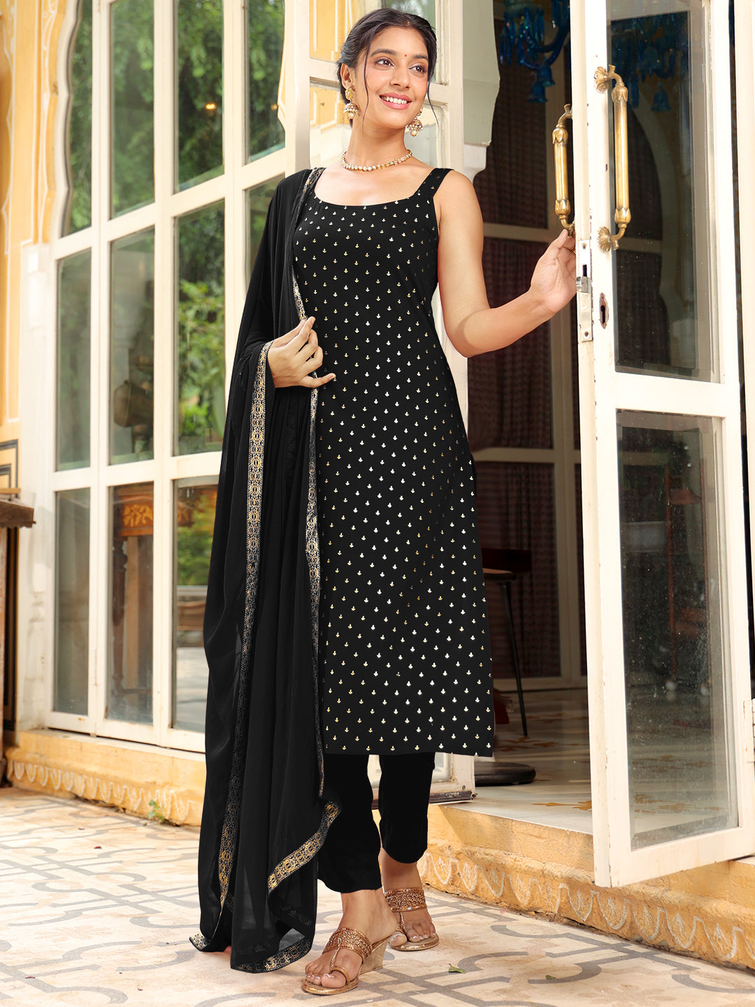 Janasya Dark Rayon Foil Print Straight Kurta Set 
