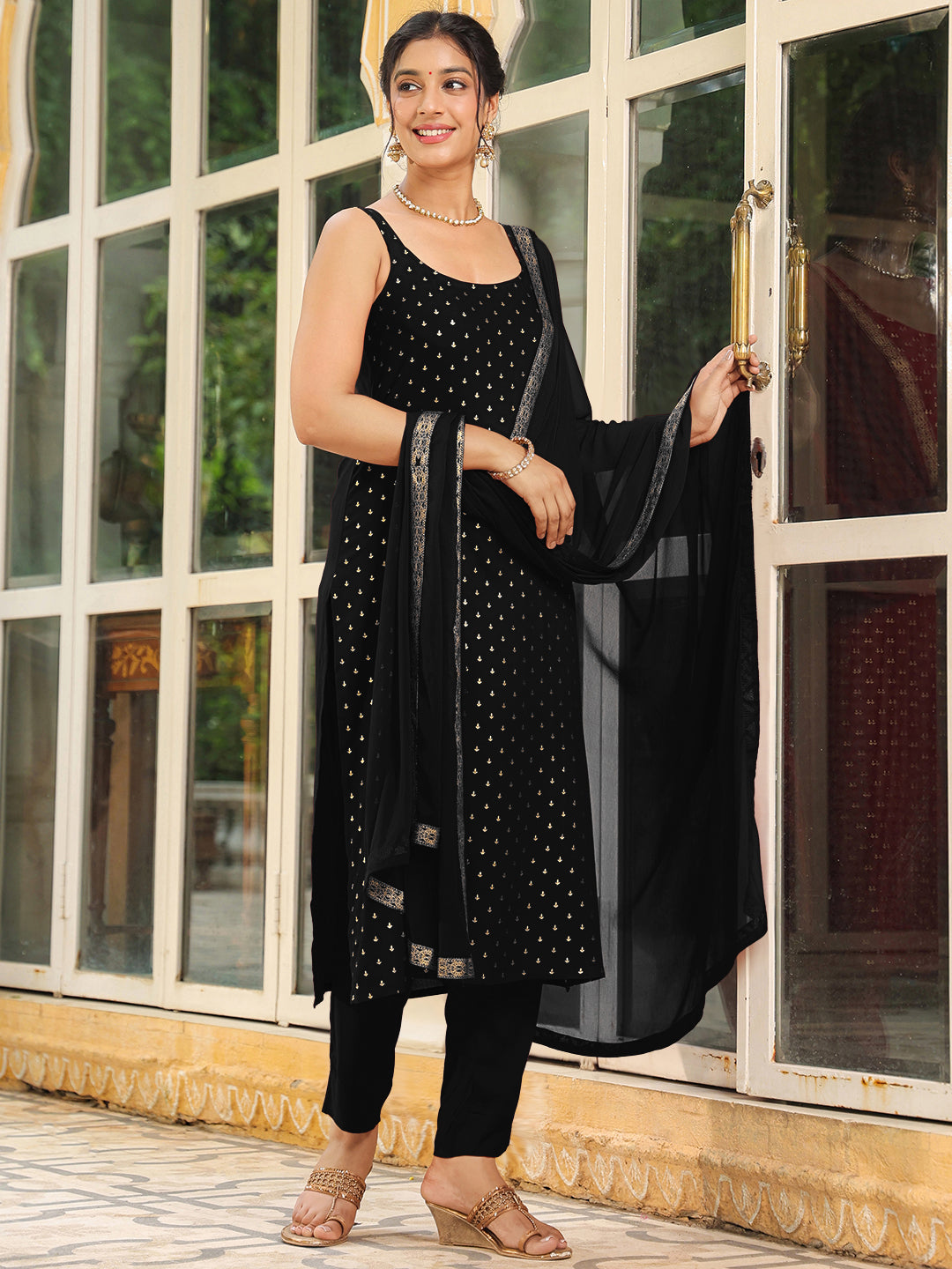 Janasya Dark Rayon Foil Print Straight Kurta Set 