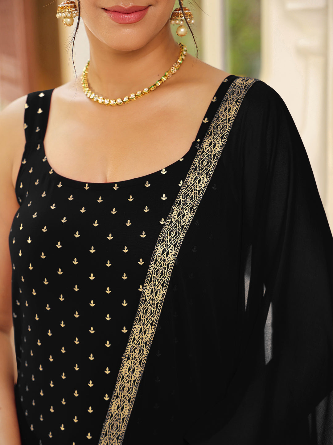 Janasya Dark Rayon Foil Print Straight Kurta Set 