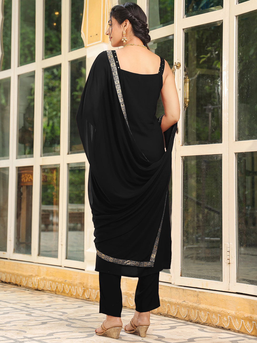 Janasya Dark Rayon Foil Print Straight Kurta Set 