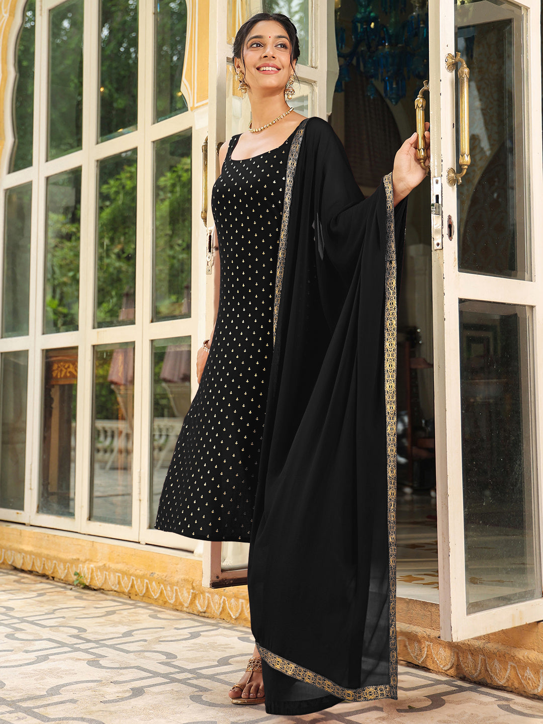 Janasya Dark Rayon Foil Print Straight Kurta Set 