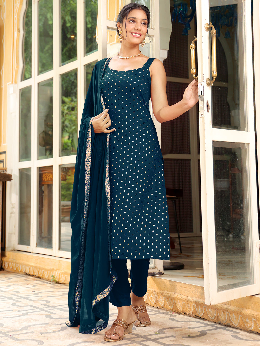 Janasya Dark Rayon Foil Print Straight Kurta Set 