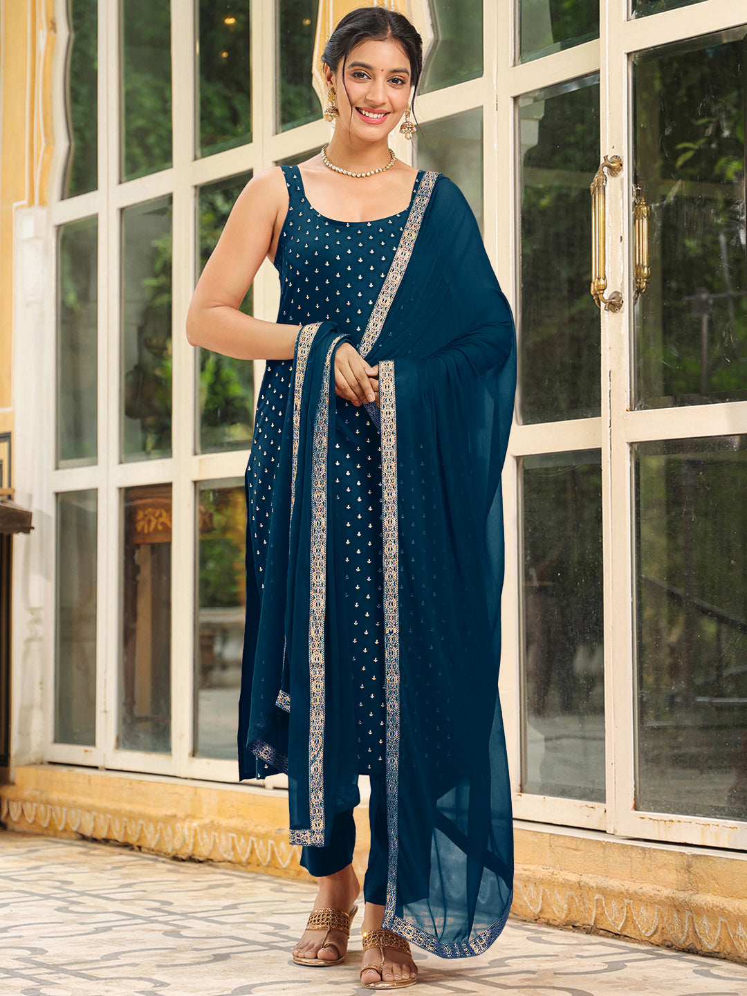 Janasya Dark Rayon Foil Print Straight Kurta Set 