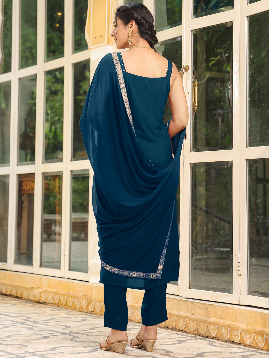 Janasya Dark Rayon Foil Print Straight Kurta Set 