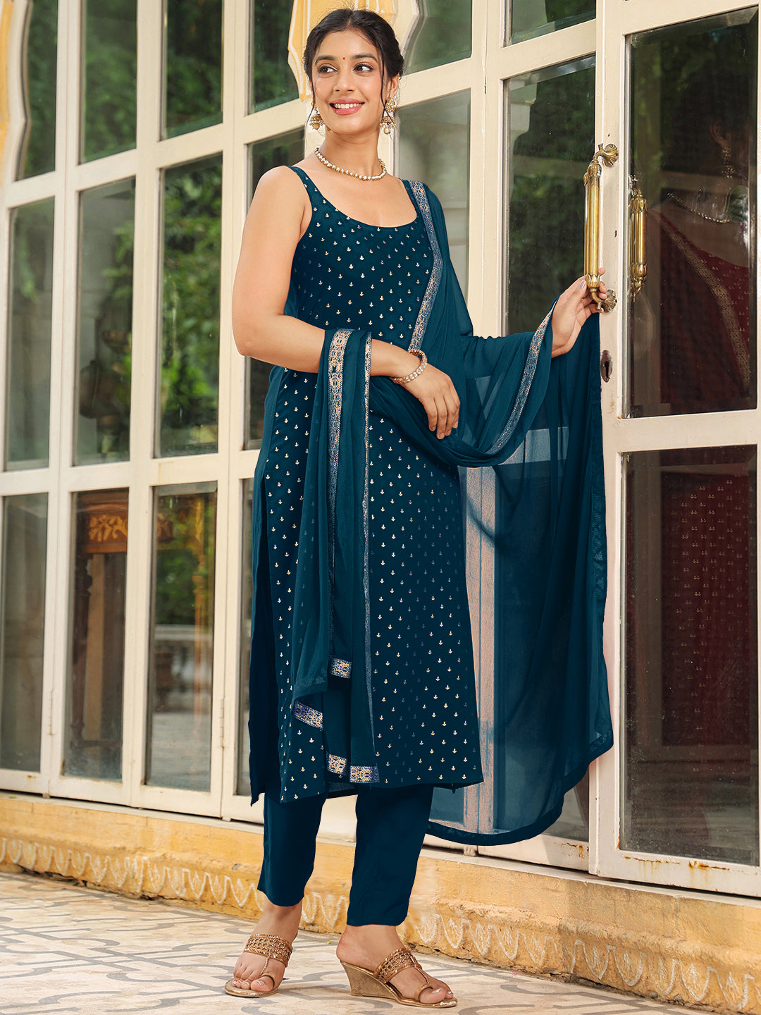 Janasya Dark Rayon Foil Print Straight Kurta Set 