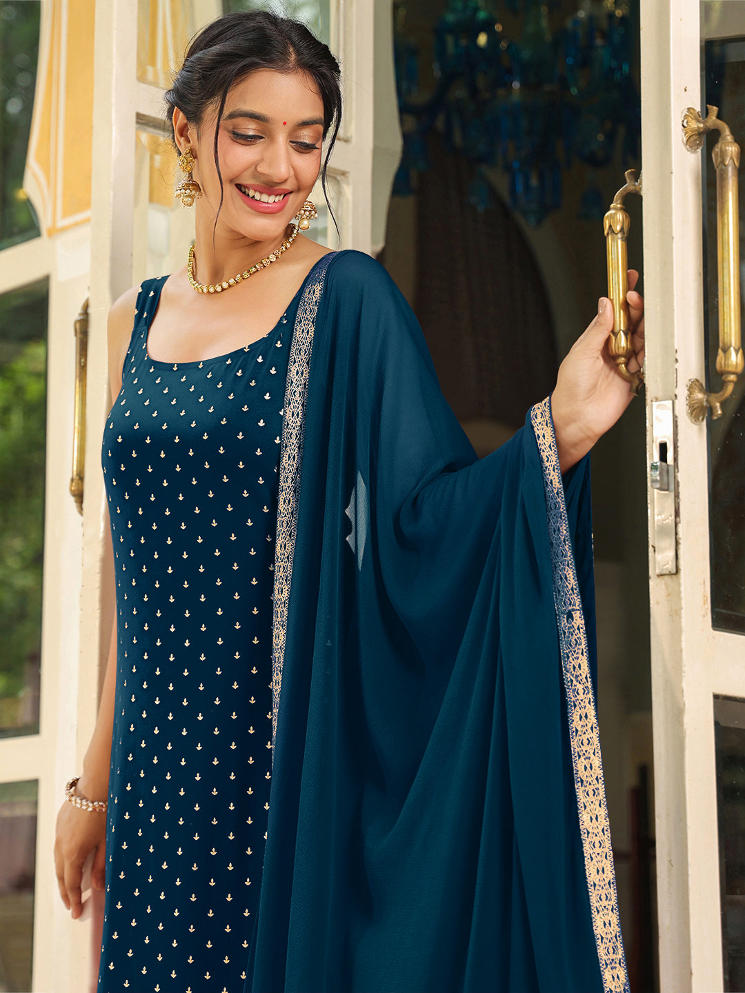 Janasya Dark Rayon Foil Print Straight Kurta Set 