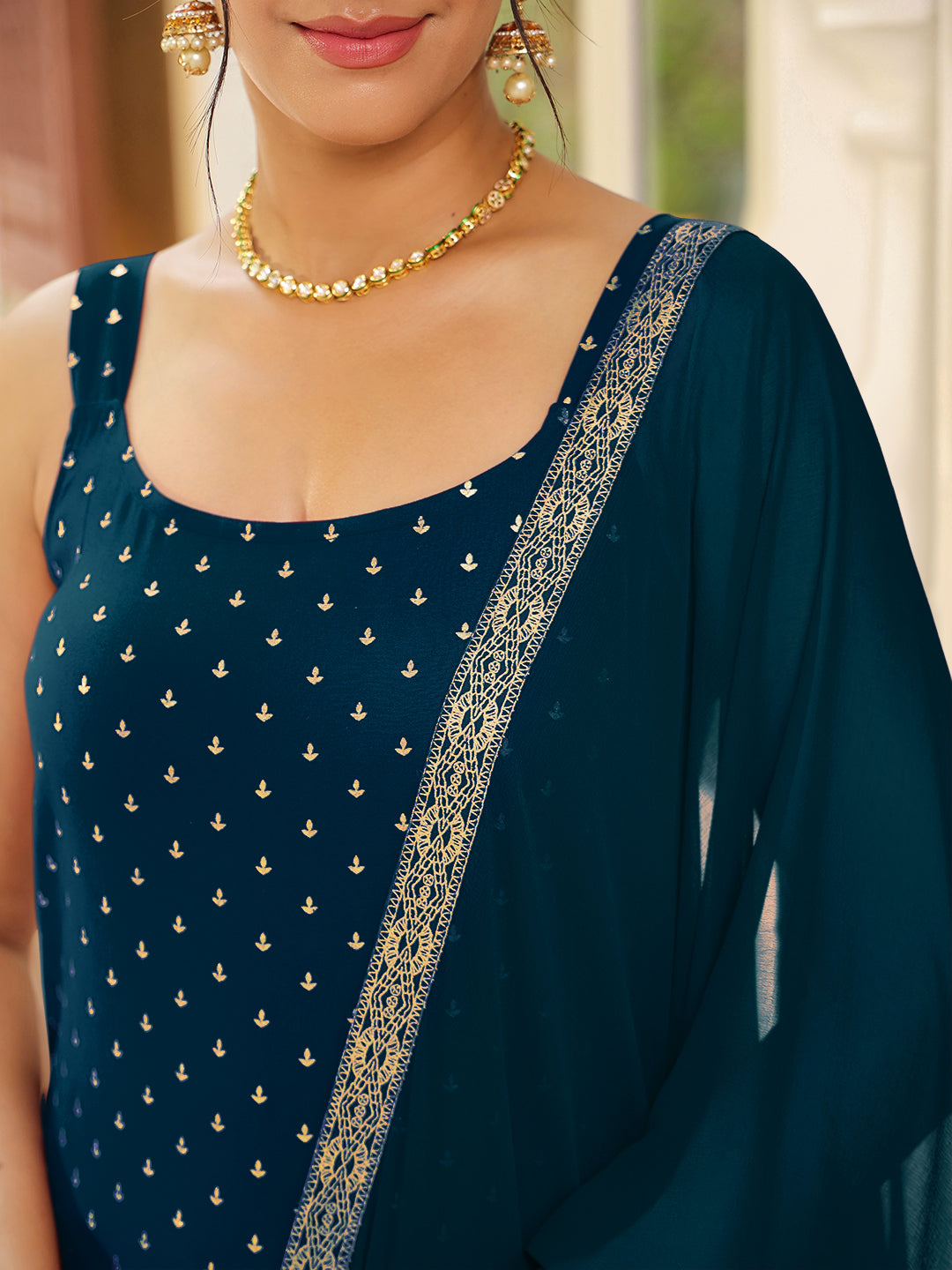 Janasya Dark Rayon Foil Print Straight Kurta Set 
