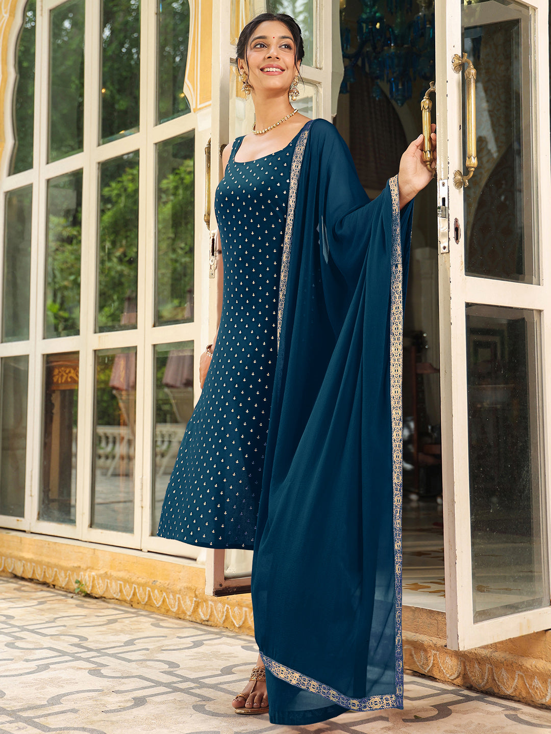 Janasya Dark Rayon Foil Print Straight Kurta Set 
