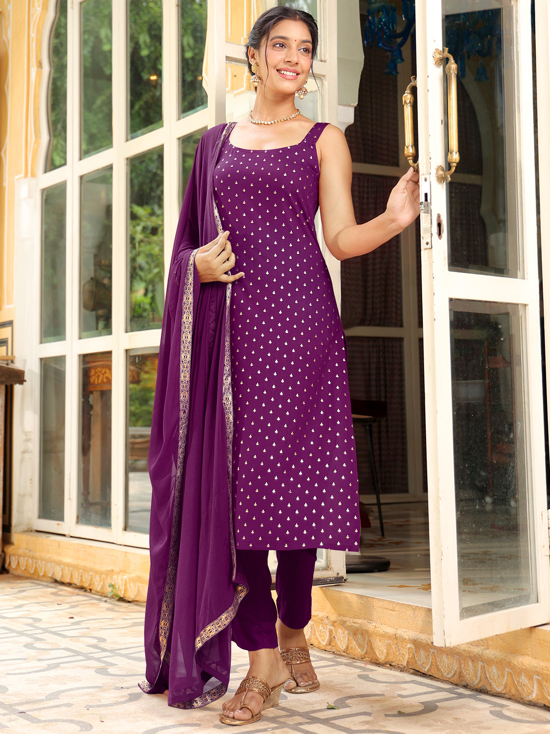 Janasya Dark Rayon Foil Print Straight Kurta Set 