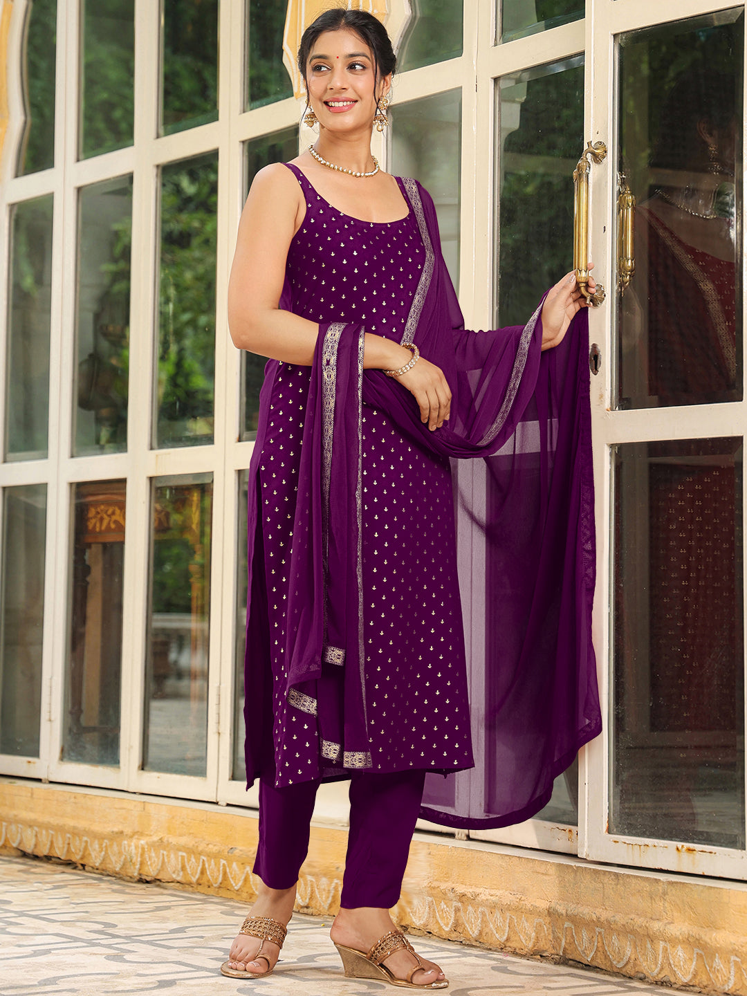 Janasya Dark Rayon Foil Print Straight Kurta Set 