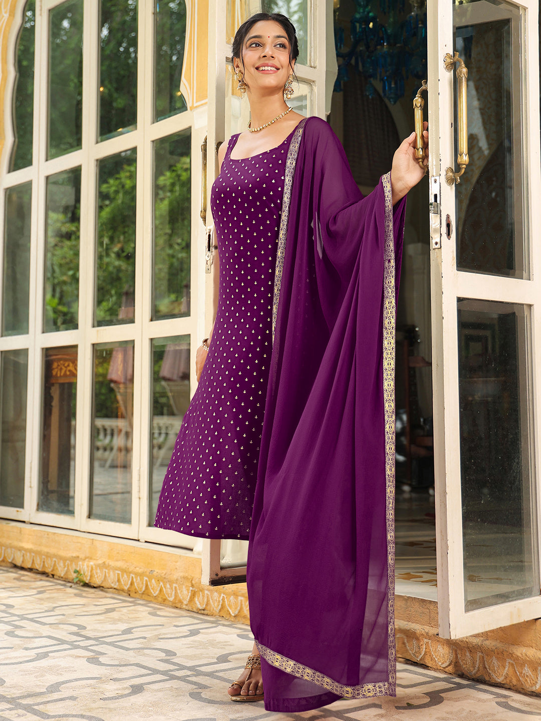 Janasya Dark Rayon Foil Print Straight Kurta Set 