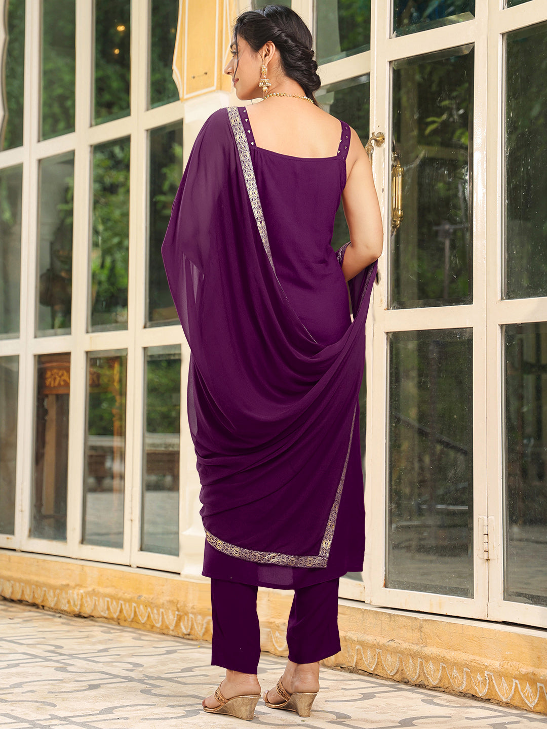 Janasya Dark Rayon Foil Print Straight Kurta Set 