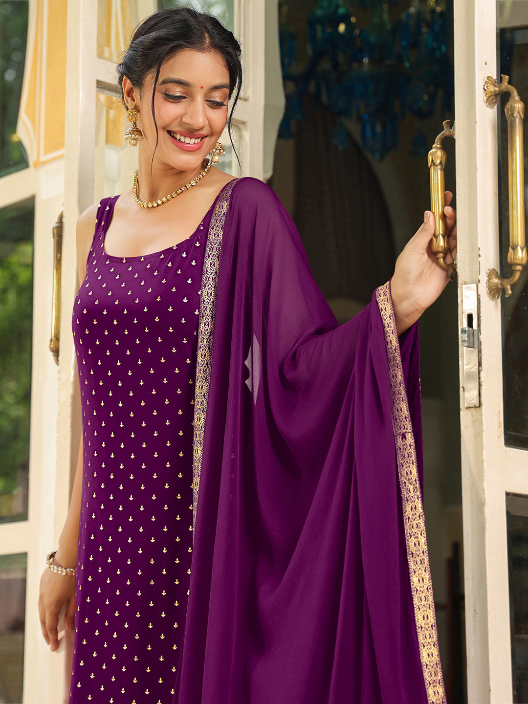 Janasya Dark Rayon Foil Print Straight Kurta Set 
