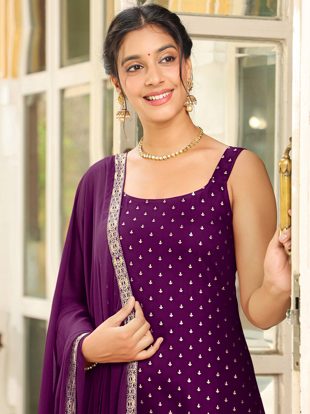 Janasya Dark Rayon Foil Print Straight Kurta Set 