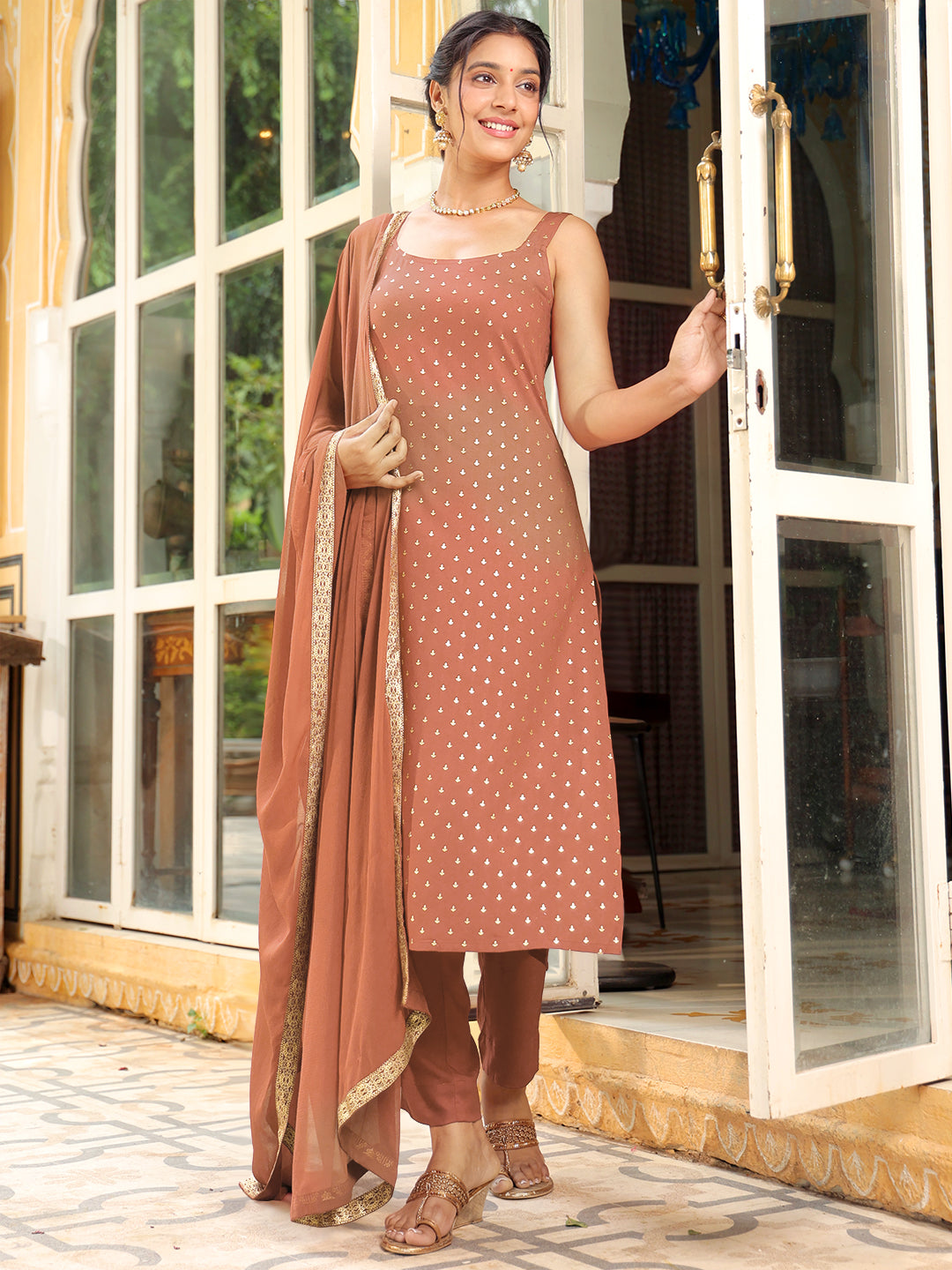 Janasya Dark Rayon Foil Print Straight Kurta Set 