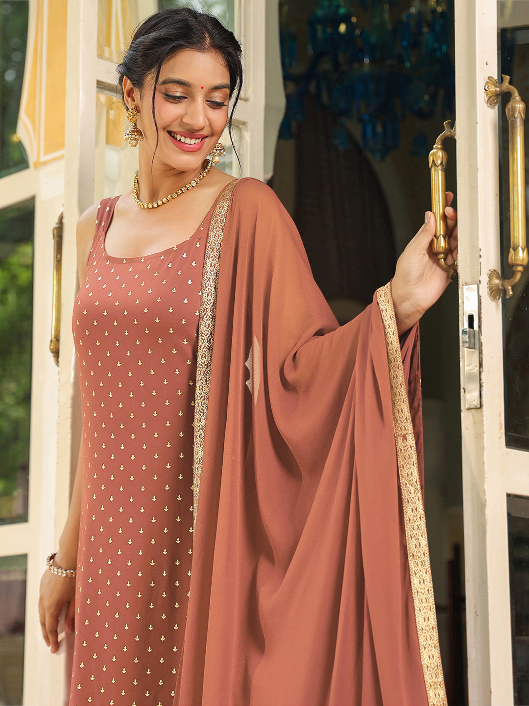 Janasya Dark Rayon Foil Print Straight Kurta Set 