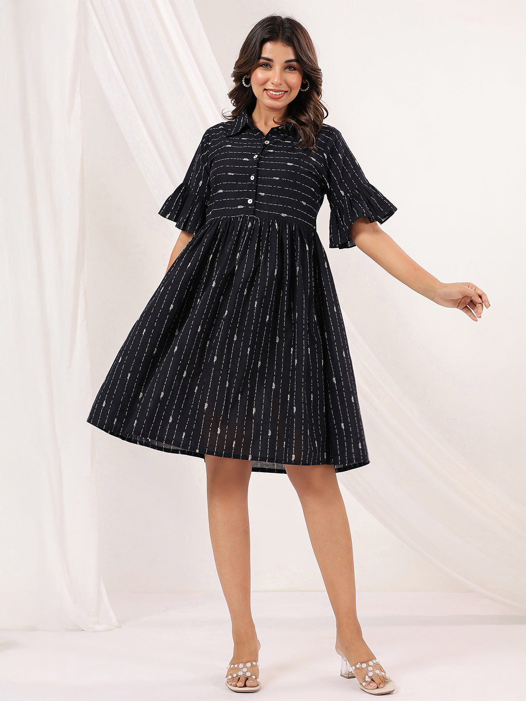 Janasya Dark Cotton Striped A-Line Dress 