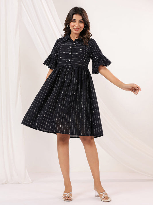 Janasya Dark Cotton Striped A-Line Dress 