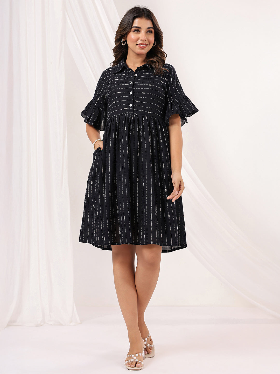 Janasya Dark Cotton Striped A-Line Dress 