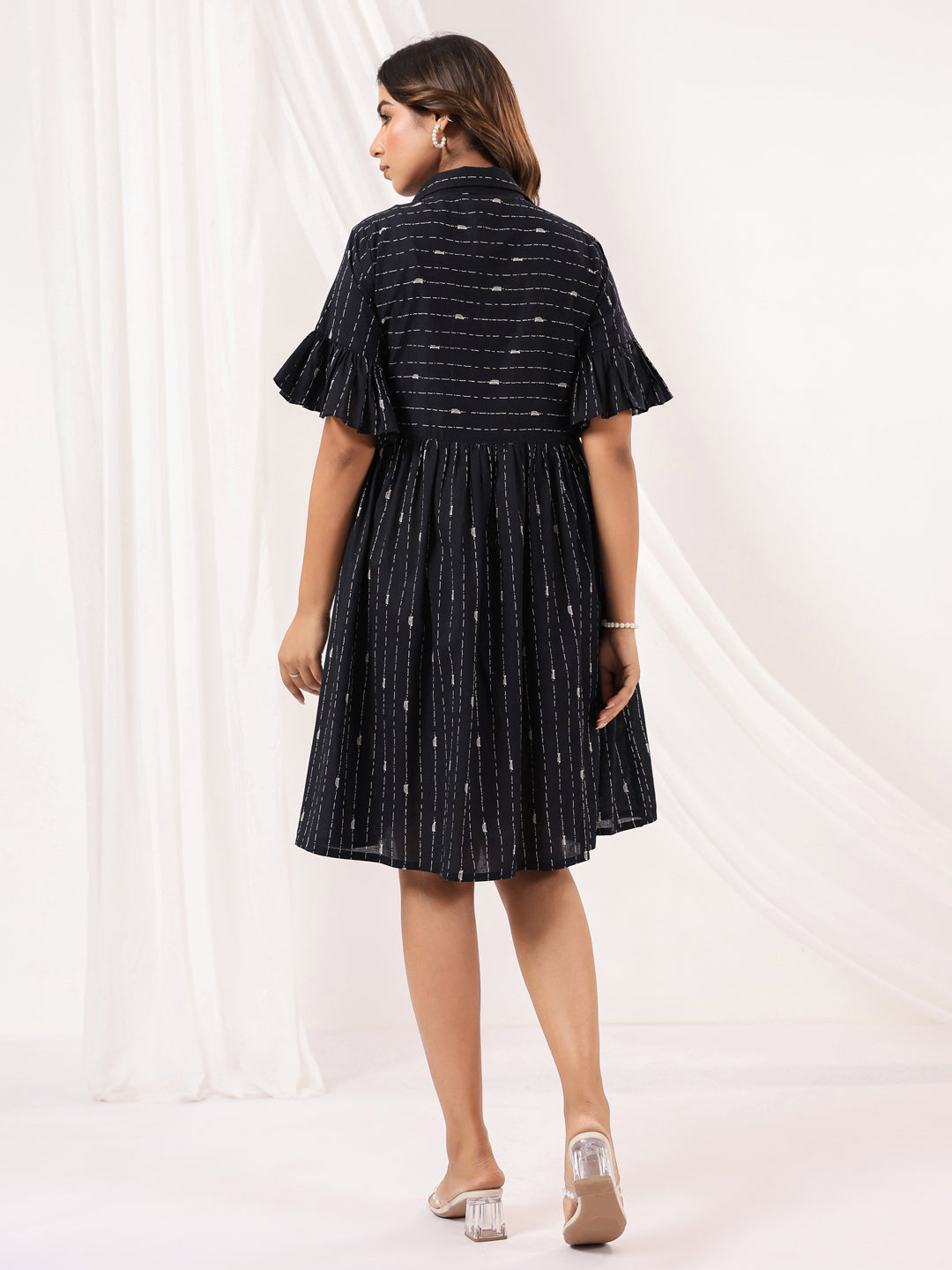 Janasya Dark Cotton Striped A-Line Dress 