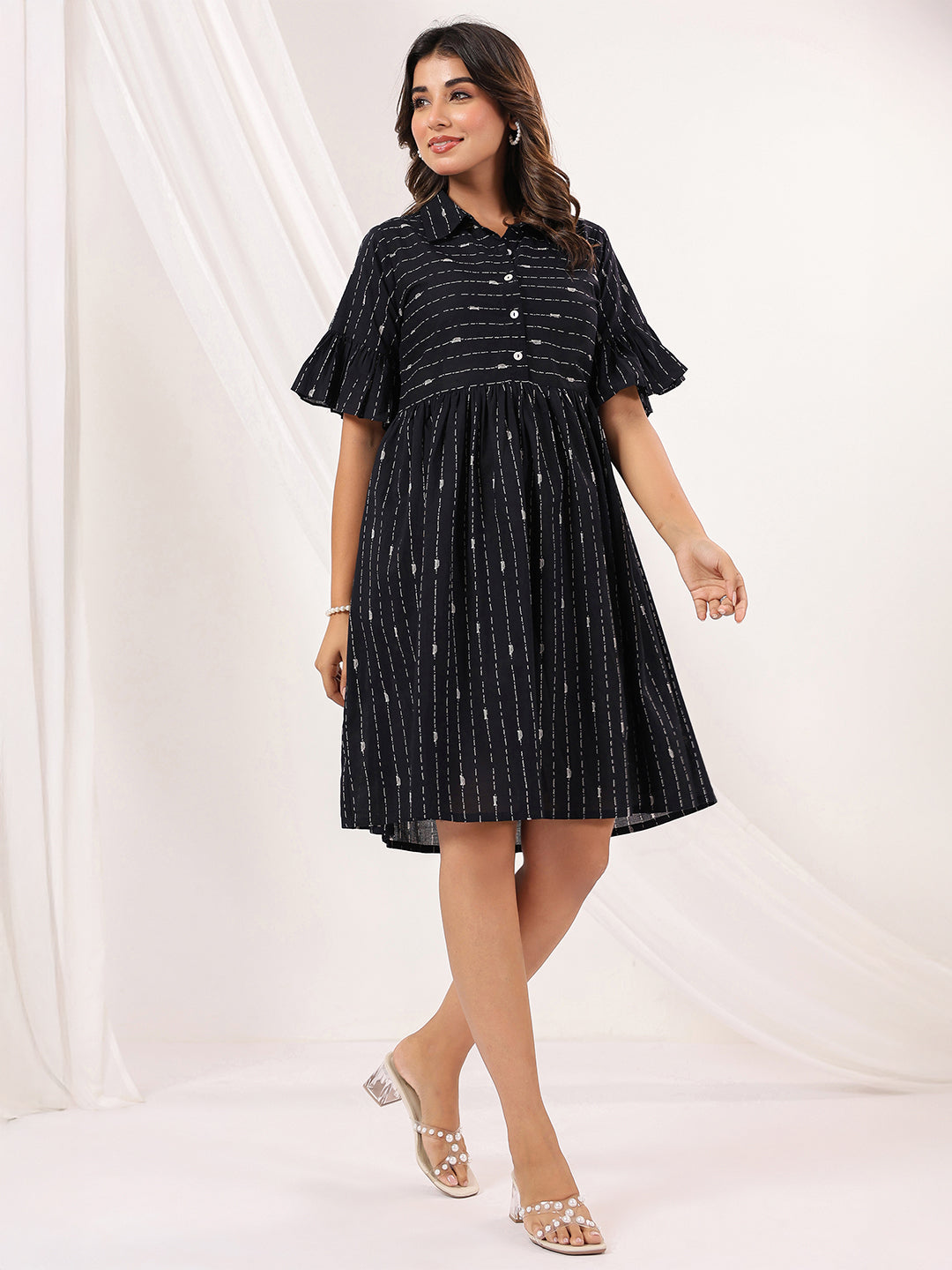 Janasya Dark Cotton Striped A-Line Dress 