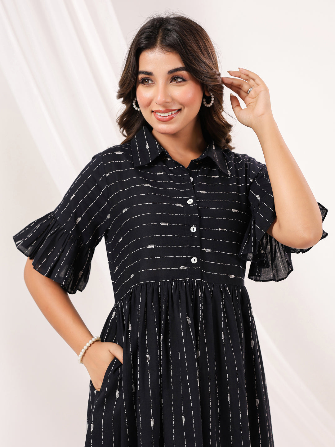 Janasya Dark Cotton Striped A-Line Dress 
