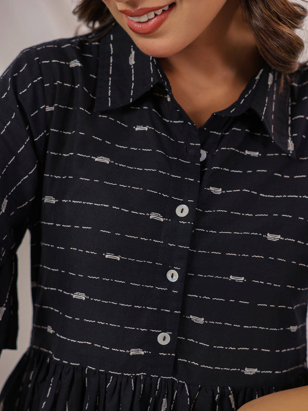 Janasya Dark Cotton Striped A-Line Dress 