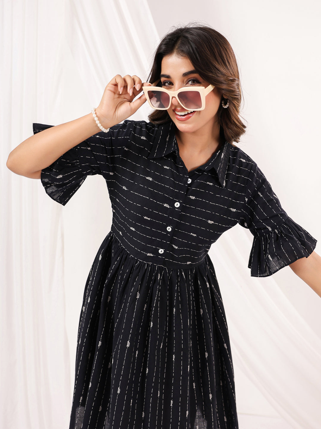 Janasya Dark Cotton Striped A-Line Dress 