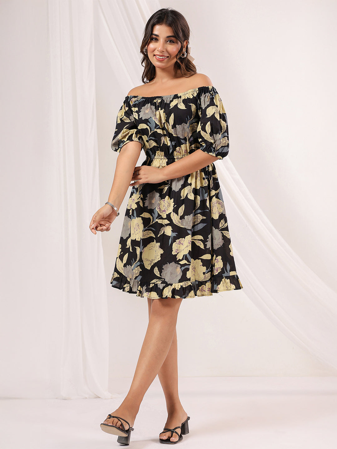 Janasya Dark Cotton Floral A-Line Dress 