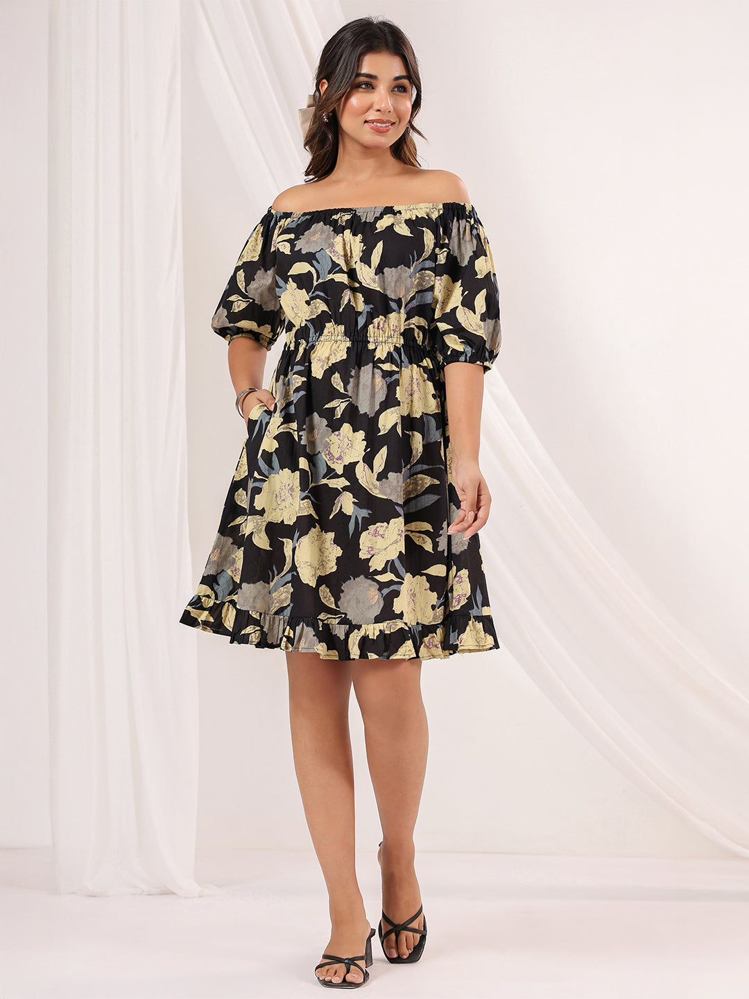 Janasya Dark Cotton Floral A-Line Dress 