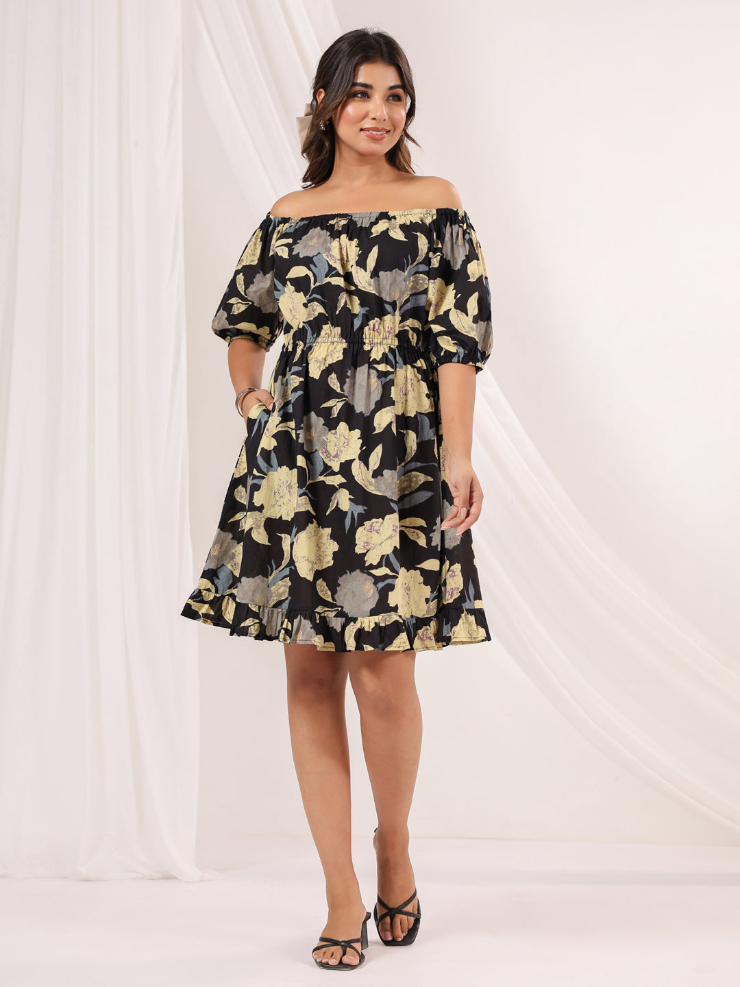 Janasya Dark Cotton Floral A-Line Dress 