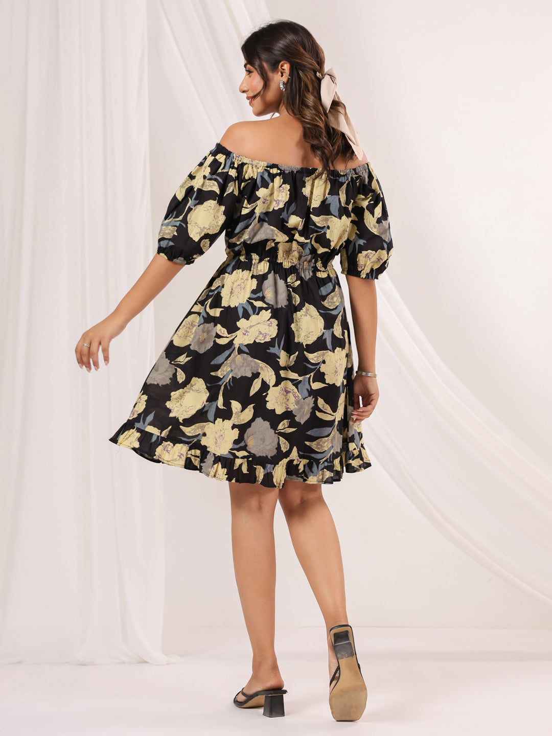 Janasya Dark Cotton Floral A-Line Dress 
