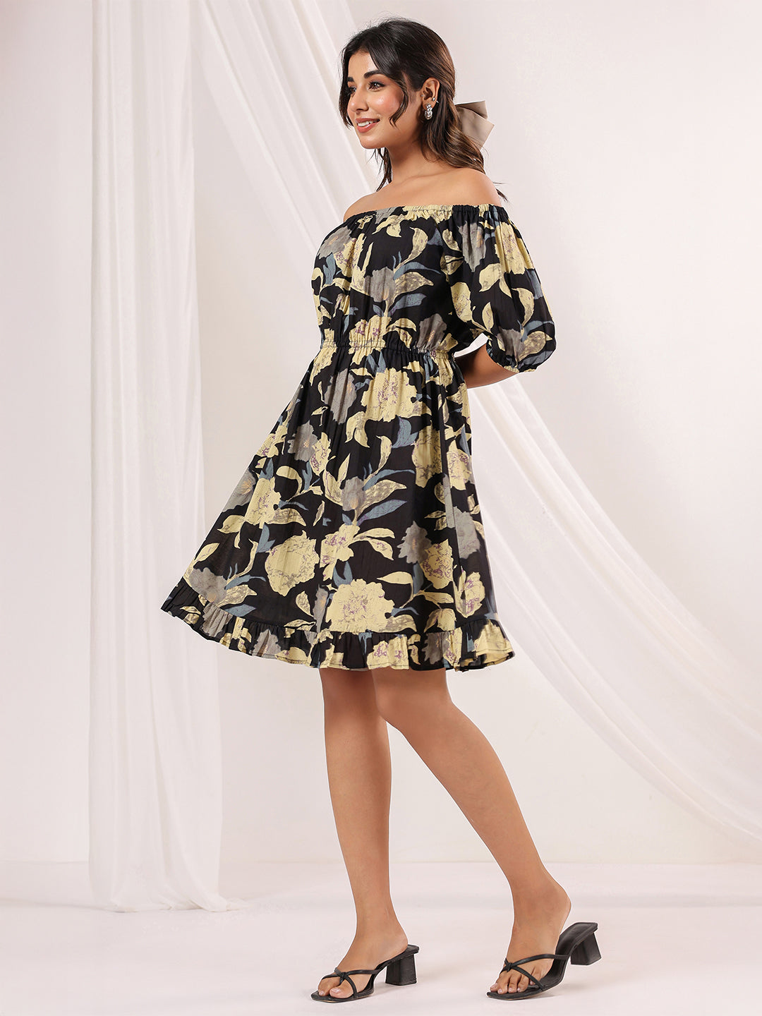 Janasya Dark Cotton Floral A-Line Dress 