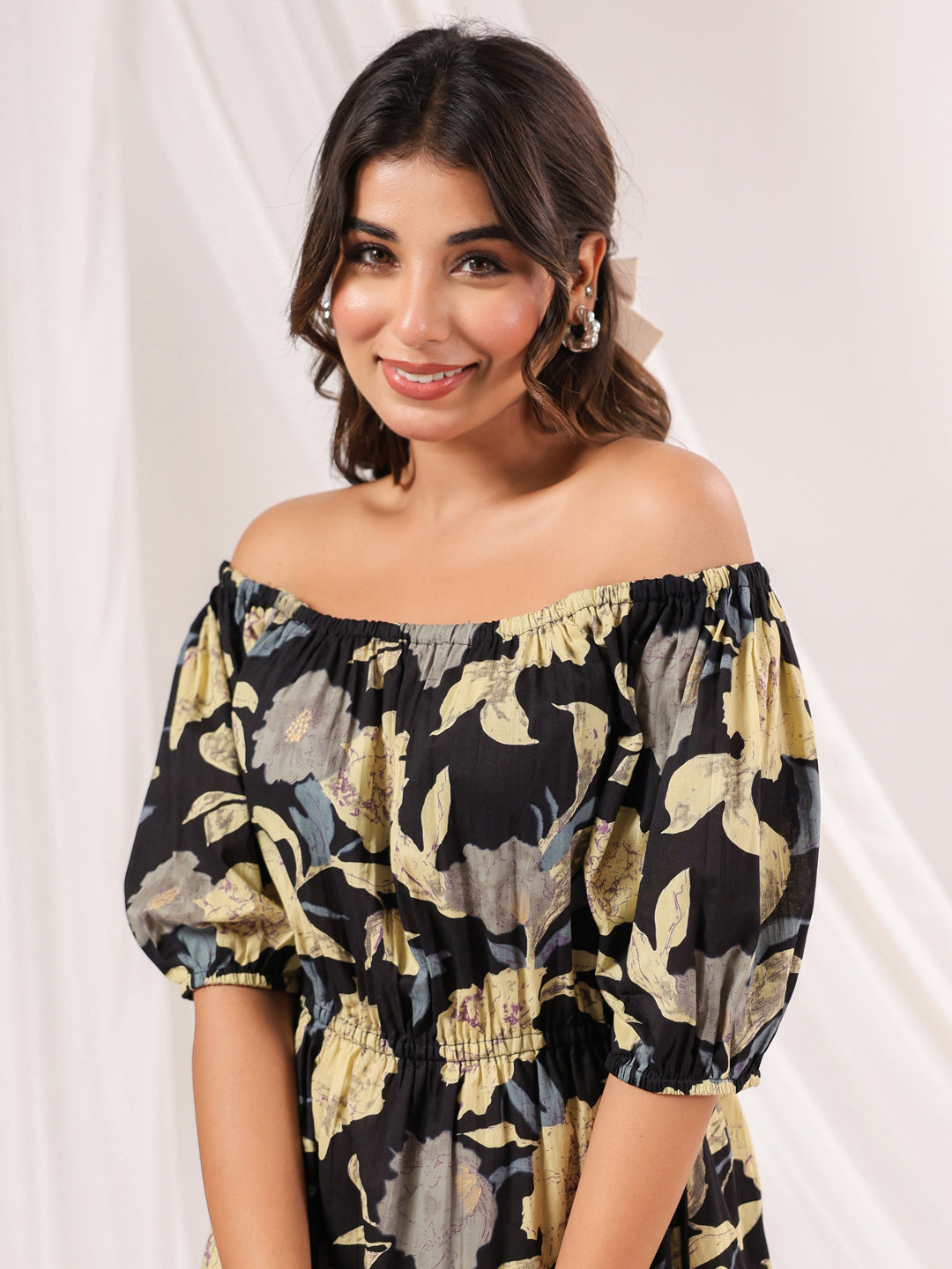 Janasya Dark Cotton Floral A-Line Dress 