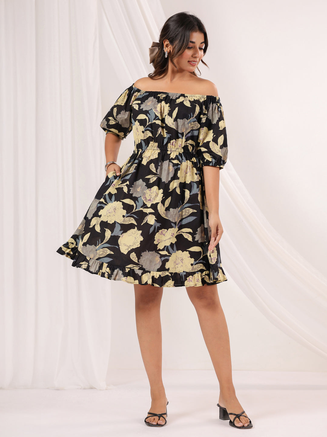 Janasya Dark Cotton Floral A-Line Dress 