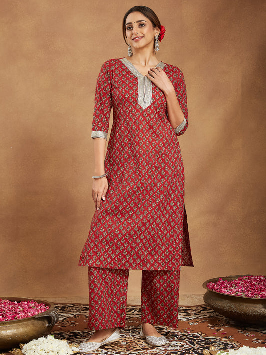 Janasya Dark Cotton Floral Straight Kurta Set 