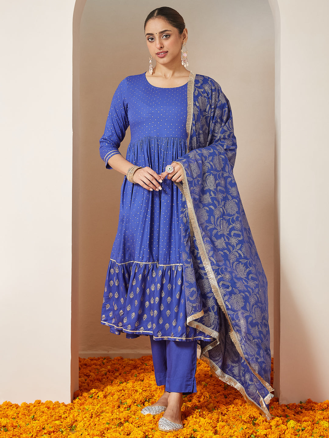 Janasya Dark Cotton Foil Print A-Line Kurta Set 