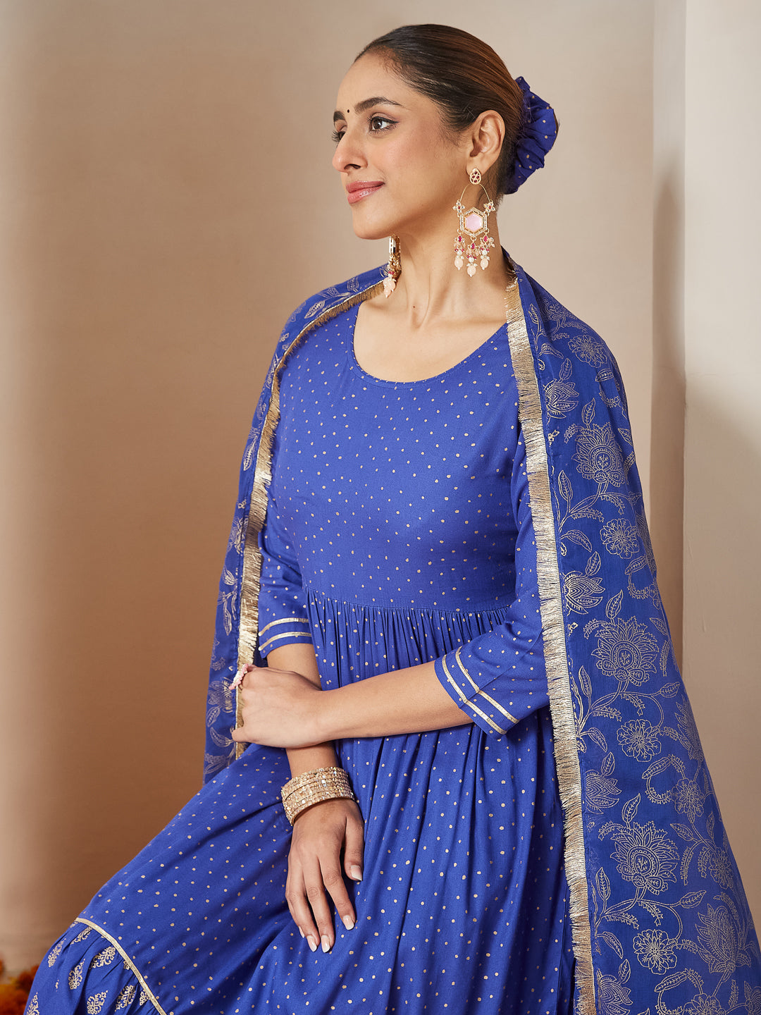 Janasya Dark Cotton Foil Print A-Line Kurta Set 
