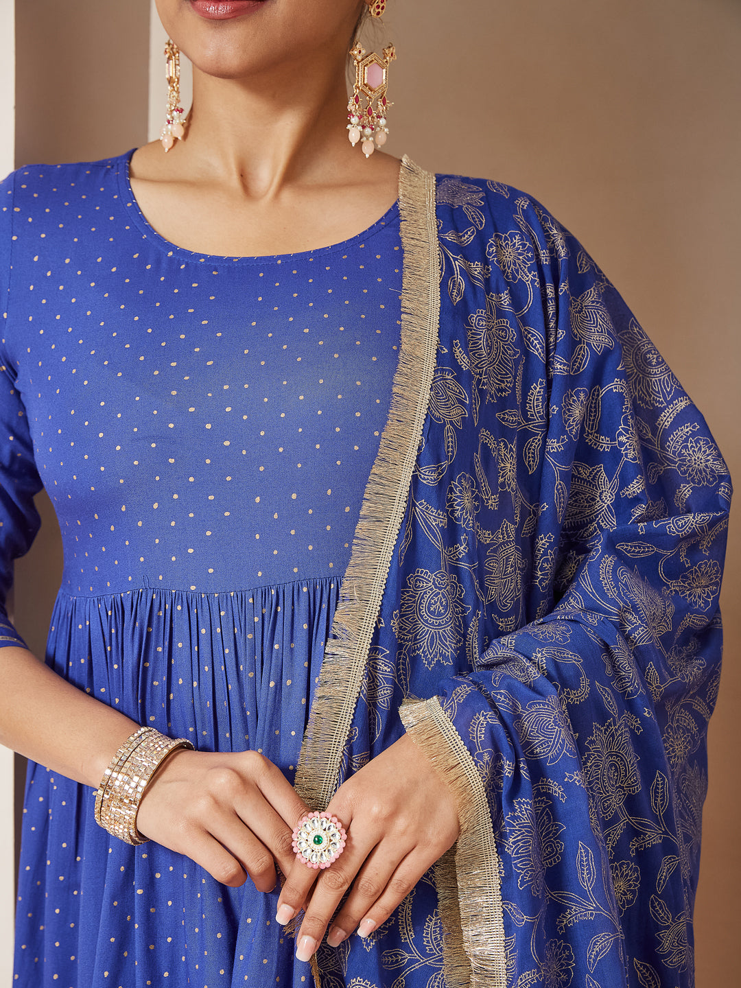 Janasya Dark Cotton Foil Print A-Line Kurta Set 