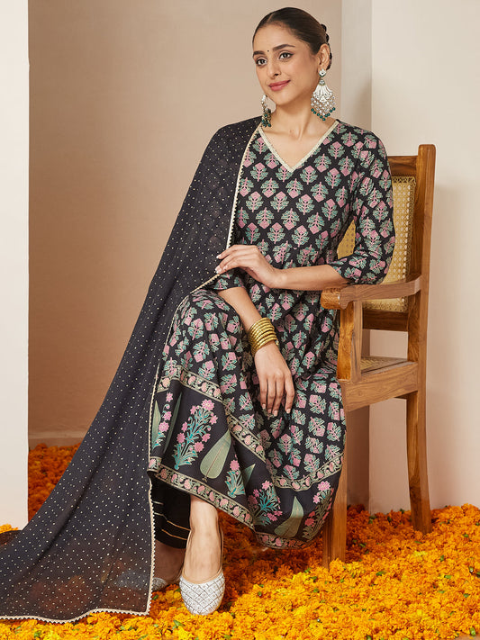 Janasya Dark Rayon Ethnic Motifs A-Line Kurta Set 