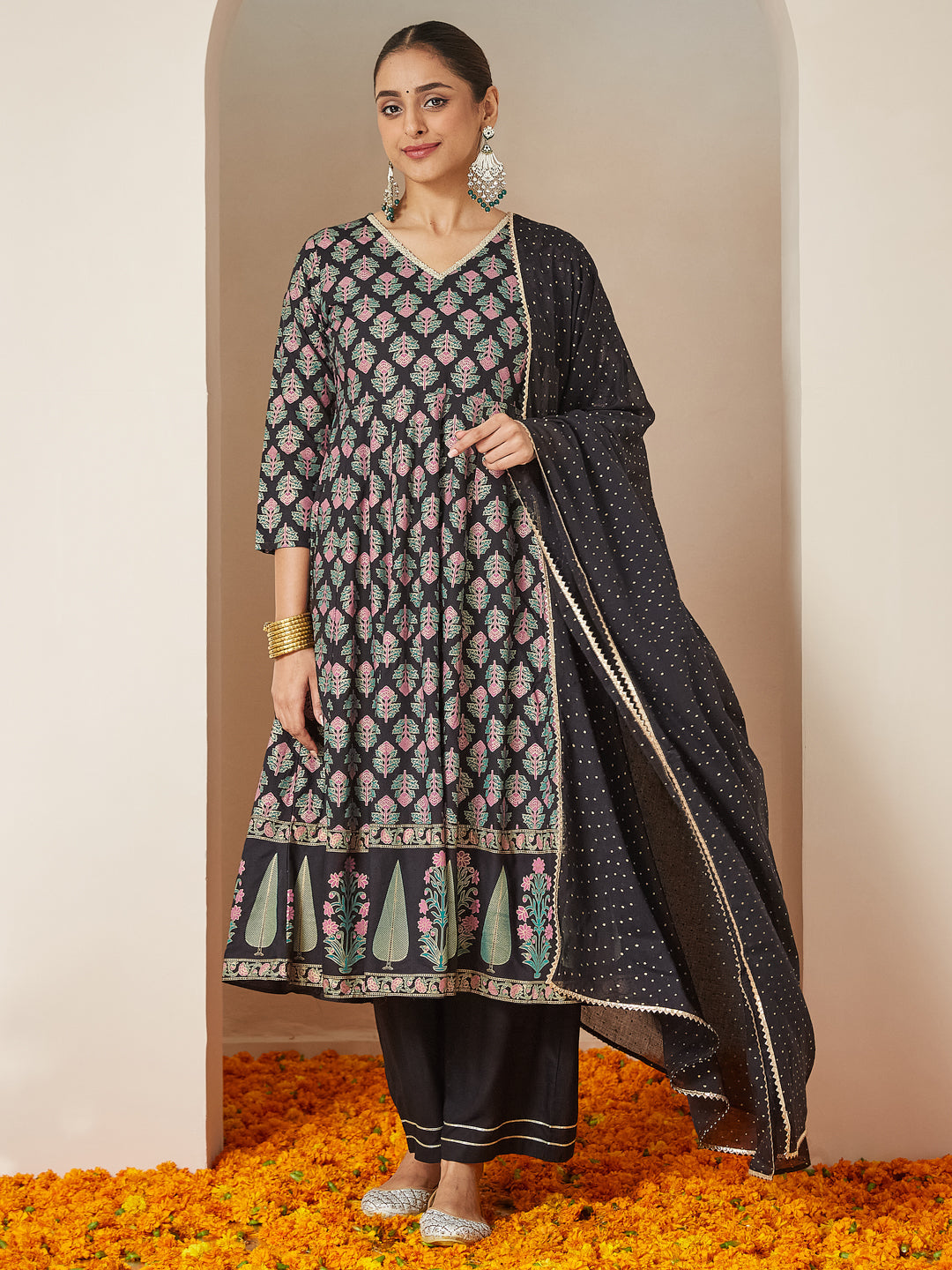 Janasya Dark Rayon Ethnic Motifs A-Line Kurta Set 