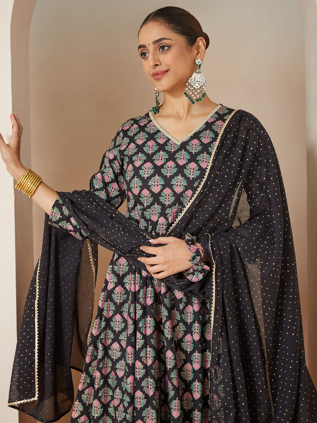 Janasya Dark Rayon Ethnic Motifs A-Line Kurta Set 