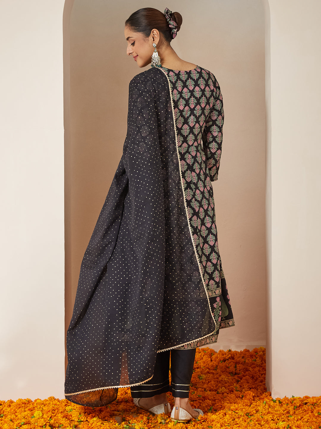 Janasya Dark Rayon Ethnic Motifs A-Line Kurta Set 