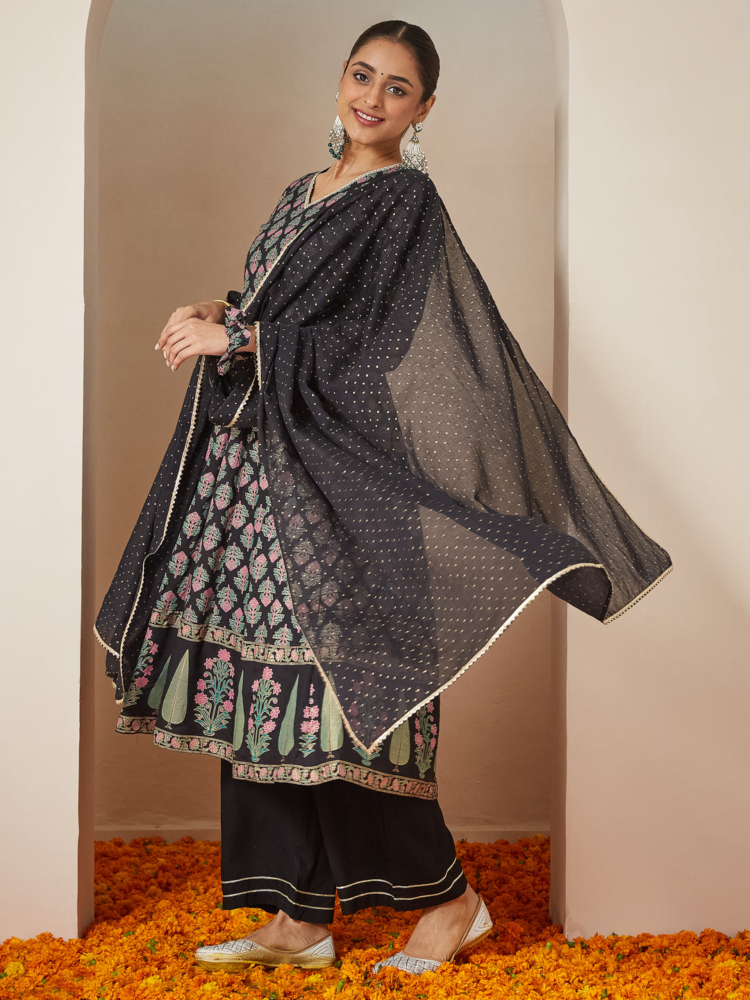 Janasya Dark Rayon Ethnic Motifs A-Line Kurta Set 