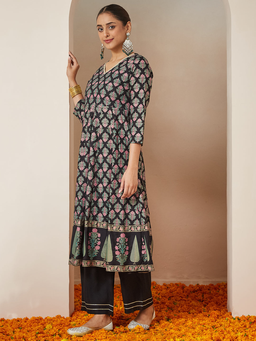 Janasya Dark Rayon Ethnic Motifs A-Line Kurta Set 