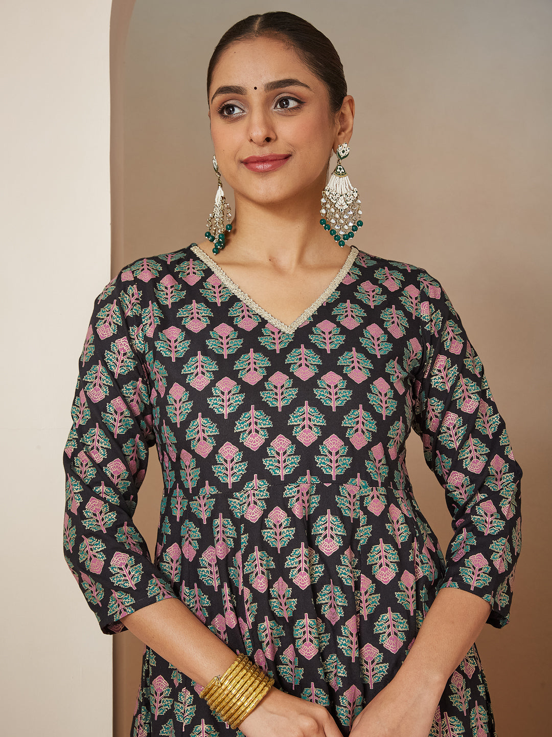 Janasya Dark Rayon Ethnic Motifs A-Line Kurta Set 