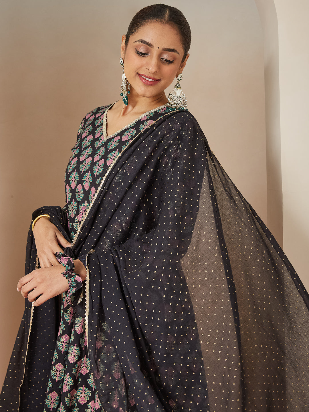 Janasya Dark Rayon Ethnic Motifs A-Line Kurta Set 