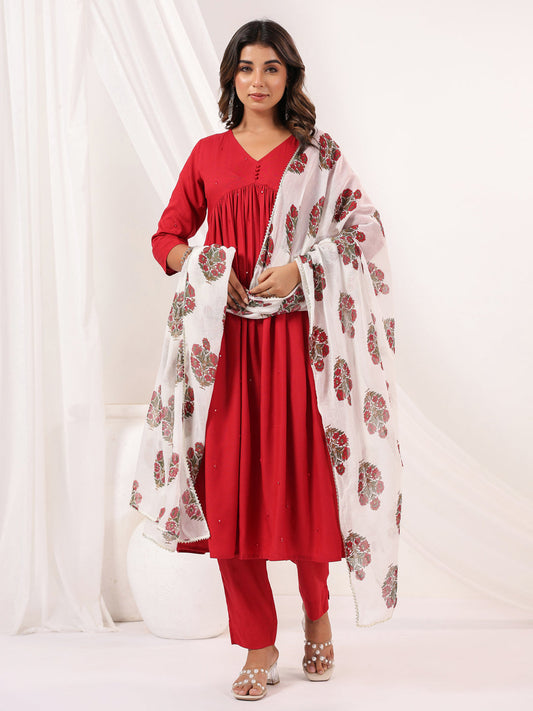 Janasya Dark Rayon Embellished A-Line Kurta Set 